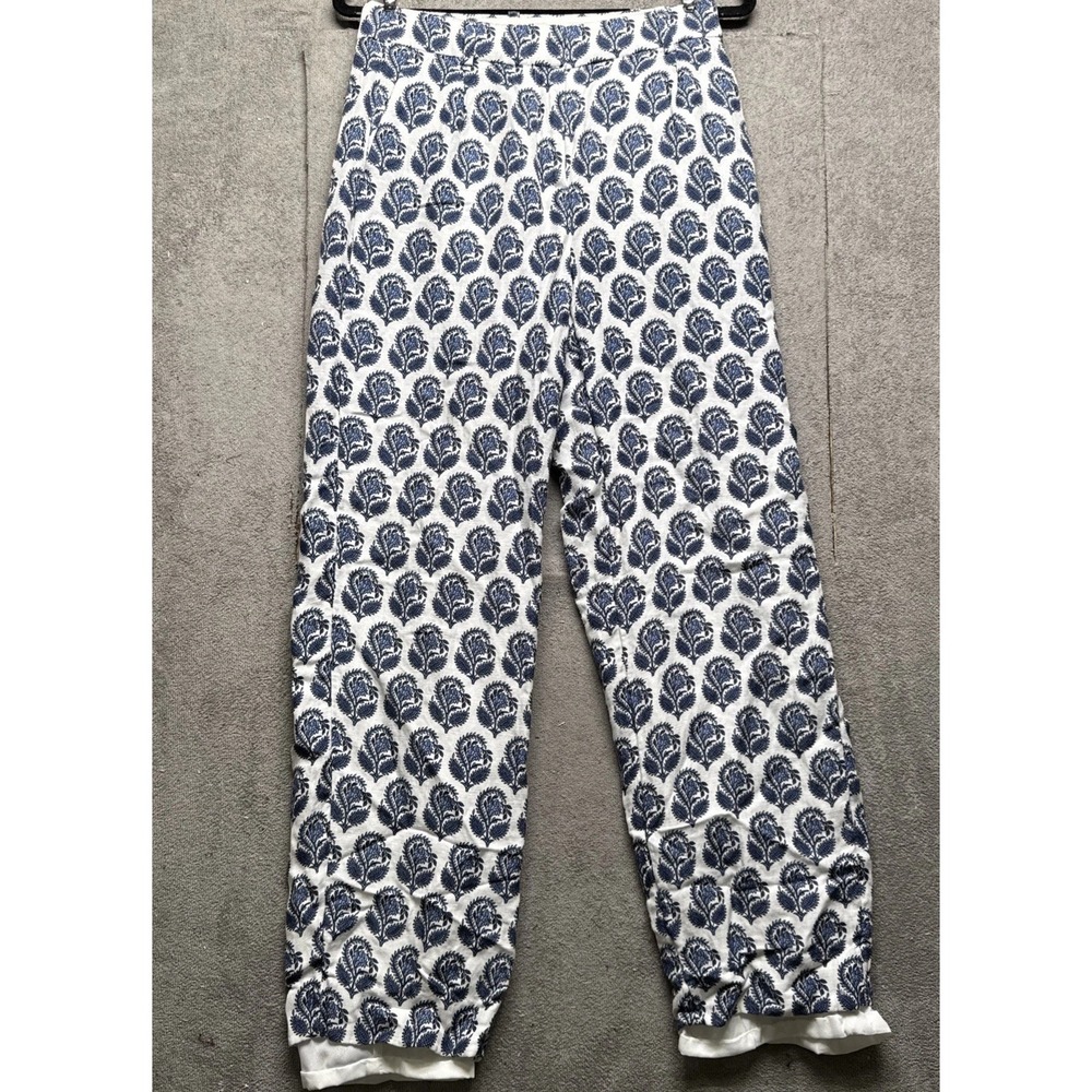 J Crew Linen Pants Womens Small White Blue Floral Print Lightweight Summer